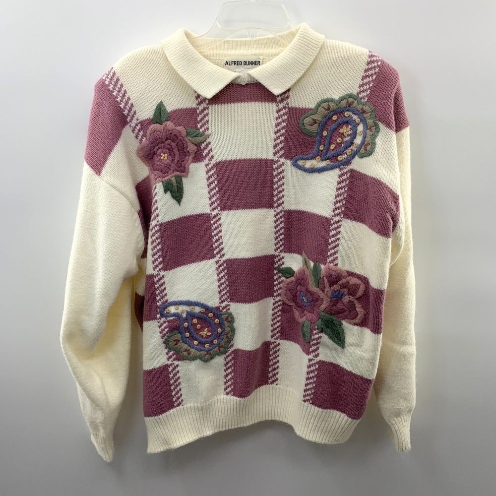 Vtg Alfred Dunner Women 44 Pink Checked Polo Sweater Shoulder Pads Grandmacore